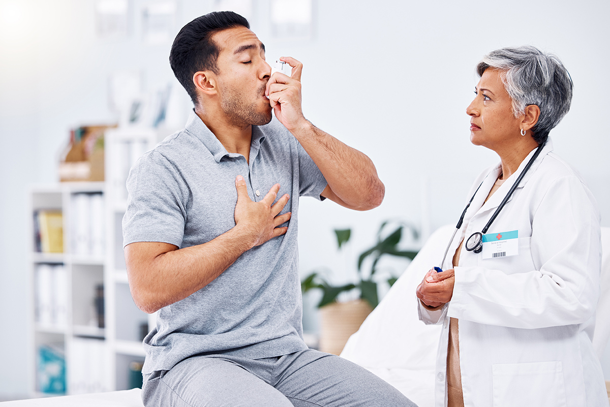 asthma-inhaler-patient-and-doctor-with-healthcare-2023-11-27-05-20-38-utc Asthma inhaler, patient and doctor with healthcare and medicine for lung disease, wellness and seni.