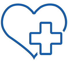Outlined blue image of a heart with a cross next to it.