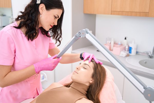 Concentrated beautician looks face of patient while she lies with closed eyes
